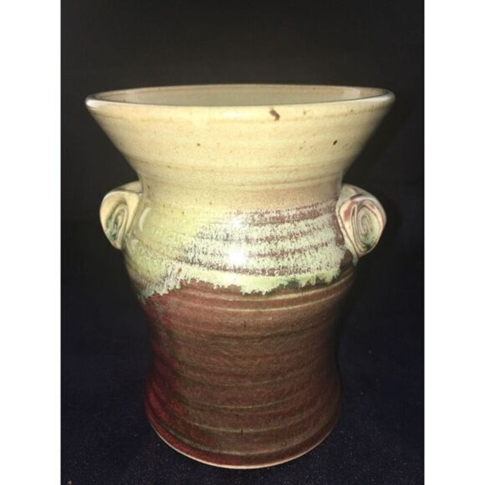 Handcrafted Pottery Glazed Vase Brown Green Red With Ears Signed